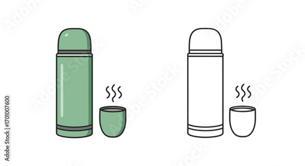 Fototapeta A stylized vector illustration of a green thermos bottle with a cup of hot steaming beverage, presented in both color and outline versions on a white background.