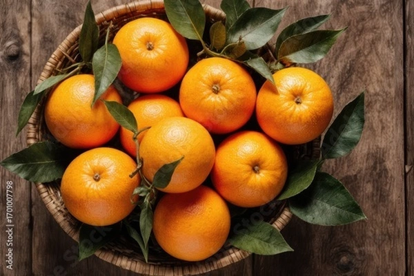 Fototapeta Tangerines (oranges, mandarins, clementines, citrus fruits) with leaves in basket on rustic wooden background, copy space