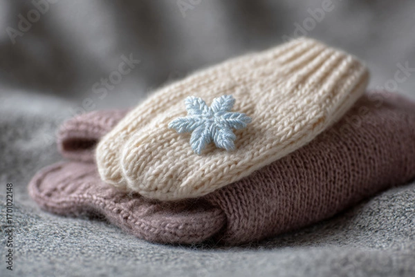 Fototapeta delicate snowflake resting gently on knitted mitten creating beautiful winter atmosphere