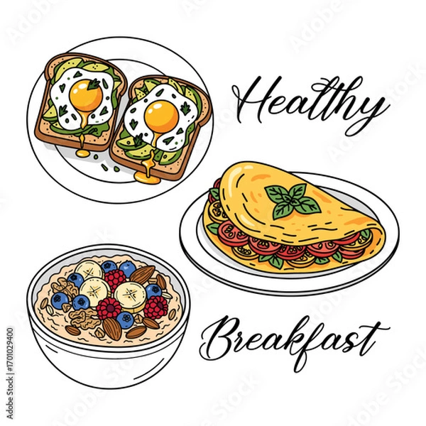 Fototapeta healthy breakfast collection, avocado toast with egg, vegetable omelet, and a bowl of oatmeal with fruits and nuts, food illustration set