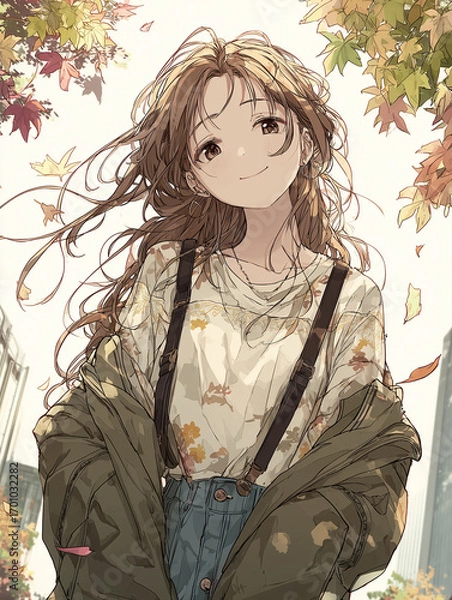 Fototapeta 秋の街を歩くカジュアルファッションの美少女キャラクター