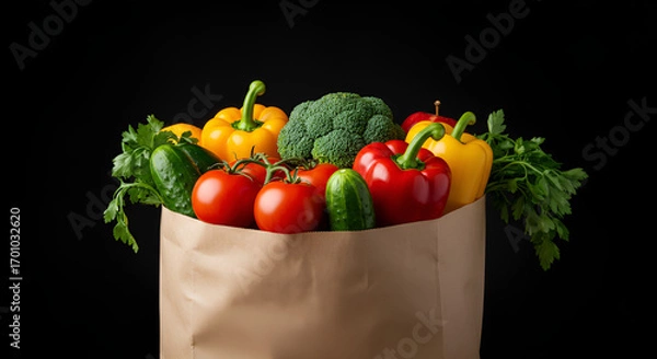 Fototapeta Paper bag filled with fresh vegetables and fruits such as broccoli, lettuce, oranges, apple, cucumber, and strawberries on black background.