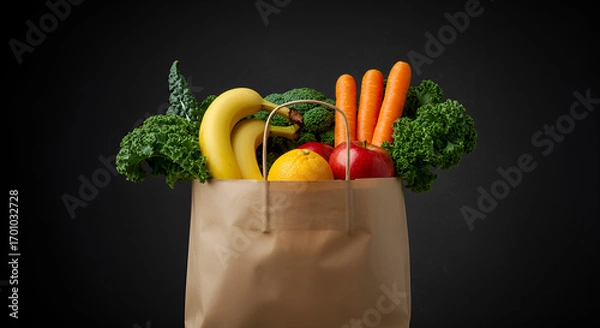 Fototapeta Paper bag filled with fresh vegetables and fruits such as broccoli, lettuce, oranges, apple, cucumber, and strawberries on black background.