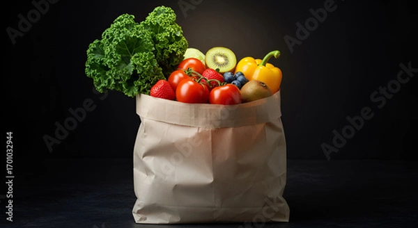 Fototapeta Paper bag filled with fresh vegetables and fruits such as broccoli, lettuce, oranges, apple, cucumber, and strawberries on black background.