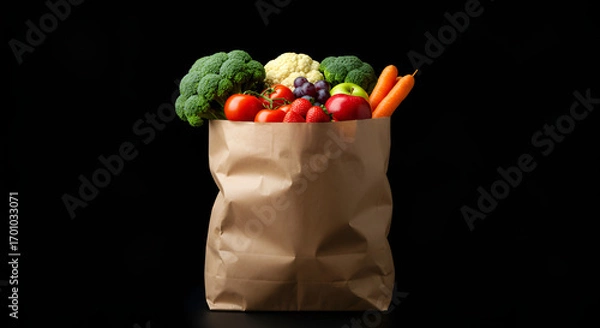 Fototapeta Paper bag filled with fresh vegetables and fruits such as broccoli, lettuce, oranges, apple, cucumber, and strawberries on black background.