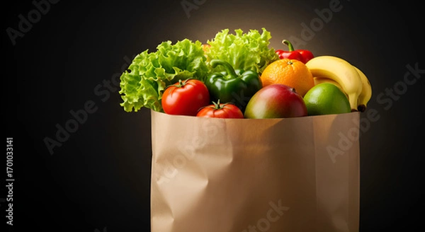 Fototapeta Paper bag filled with fresh vegetables and fruits such as broccoli, lettuce, oranges, apple, cucumber, and strawberries on black background.