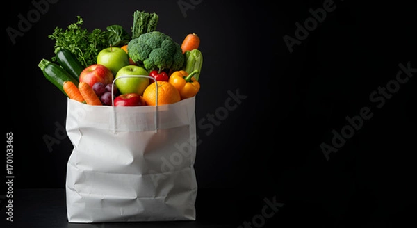 Fototapeta Paper bag filled with fresh vegetables and fruits such as broccoli, lettuce, oranges, apple, cucumber, and strawberries on black background.