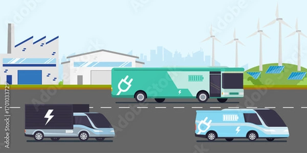 Obraz Electric cargo fleet with truck, van, and bus in front of factories, wind turbines, and solar panels, symbolizing clean energy, eco friendly logistics, and sustainable transport.