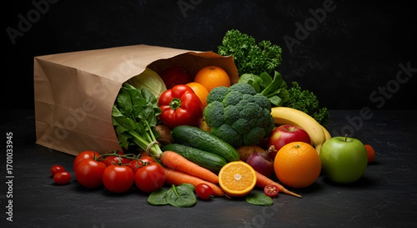 Fototapeta Paper bag filled with fresh vegetables and fruits such as broccoli, lettuce, oranges, apple, cucumber, and strawberries on black background.