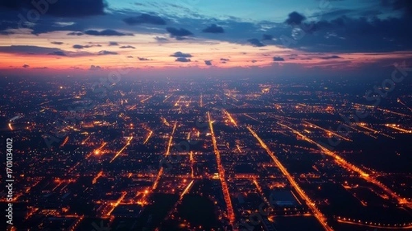 Obraz City lights sunset aerial