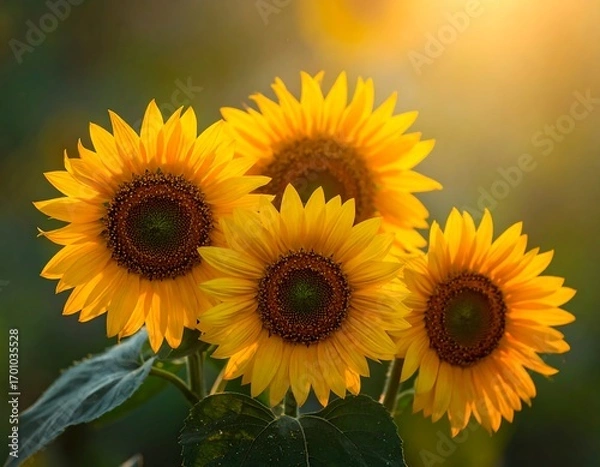 Fototapeta Three vibrant sunflowers, radiating golden light, display their bright yellow petals against a soft, blurred background at sunset.