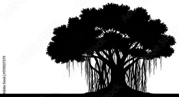 Fototapeta Silhouette of a large banyan tree with hanging roots and dense branches, standing firmly on plain white background.