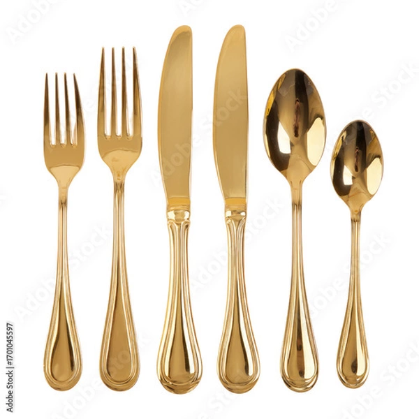 Fototapeta Gold cutlery set on transparent background: two forks, two knives, two spoons. background removed