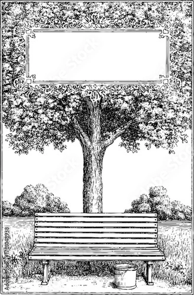 Fototapeta Vintage engraving of park scene with bench and tree - hand drawn sketch for retro design