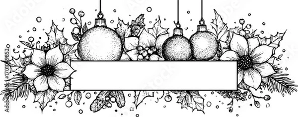 Fototapeta Vintage holiday decoration with christmas ornaments and festive floral arrangement