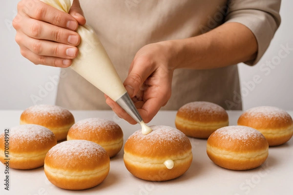 Fototapeta Homemade doughnuts being filled with cream using a piping bag a sweet baking process