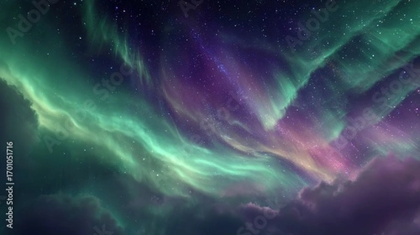 Obraz A satellite flying through the Northern Lights with aurora swirls glowing beneath in green and purple light. stock image,