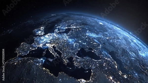 Obraz Earth from space with visible international borders rendered by nighttime light patterns across continents. stock image, hd quality