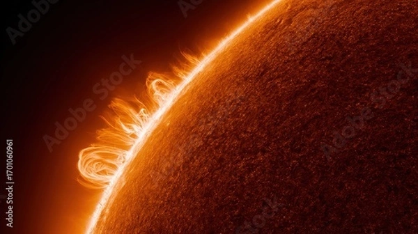 Obraz Full-disk solar image taken in hydrogen-alpha filter, showing filament structures and active prominences on the limb. stock image, hd quality