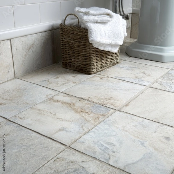 Fototapeta Close up of a woven basket filled with fluffy white towels on a light colored tiled bathroom floor