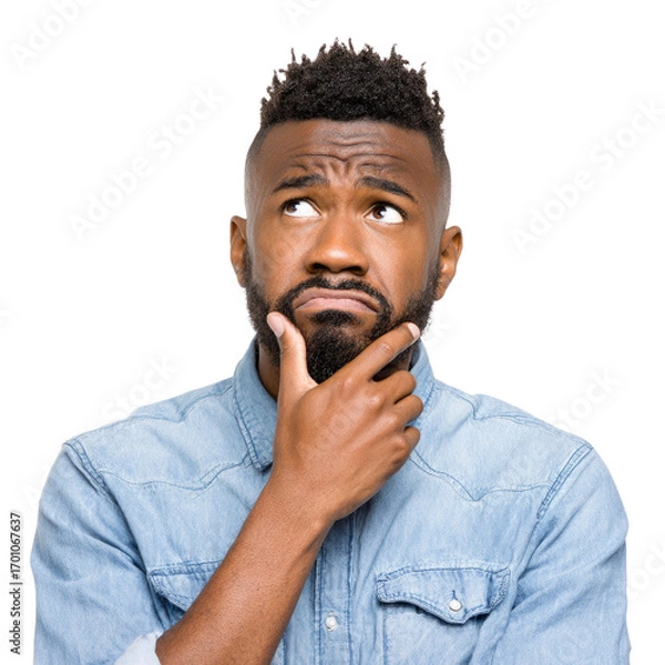 Fototapeta A pensive young Black man with a beard, hand on chin, looks thoughtfully upward. background removed
