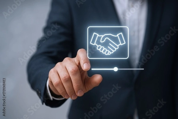 Fototapeta Business Handshake Digital Interface: Man in Suit Selecting Partnership Icon on Virtual Screen