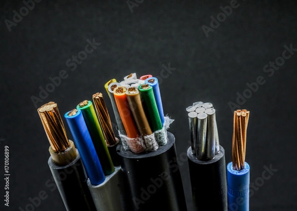 Fototapeta Wires and copper with black background in the studio.