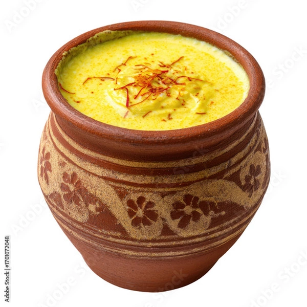 Fototapeta A terracotta pot filled with creamy yellow lassi, garnished with saffron. background removed