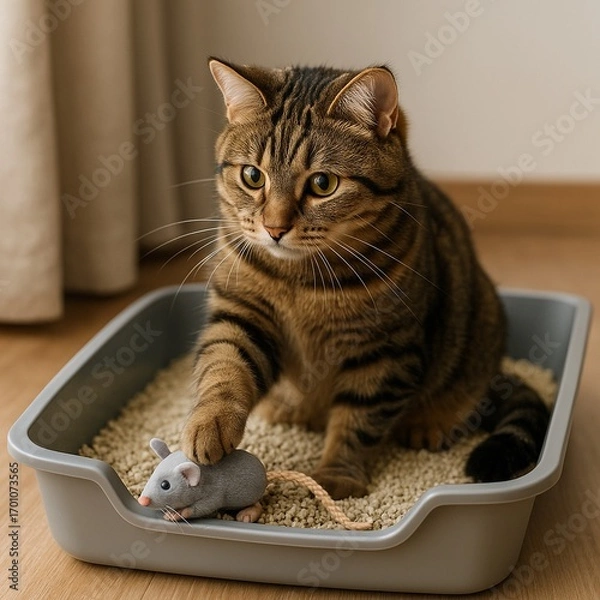 Fototapeta Tabby cat sitting in a litter box filled with clean cat litter and a scoop
