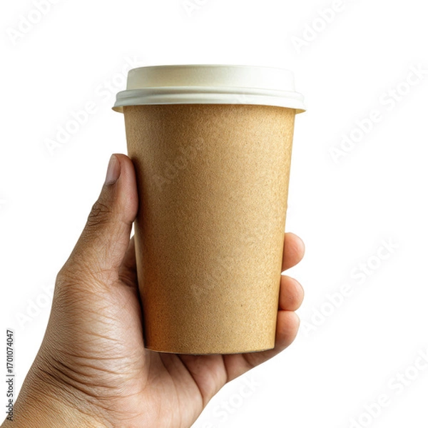Fototapeta A hand holds a brown paper coffee cup with a white lid against a transparent background. background removed