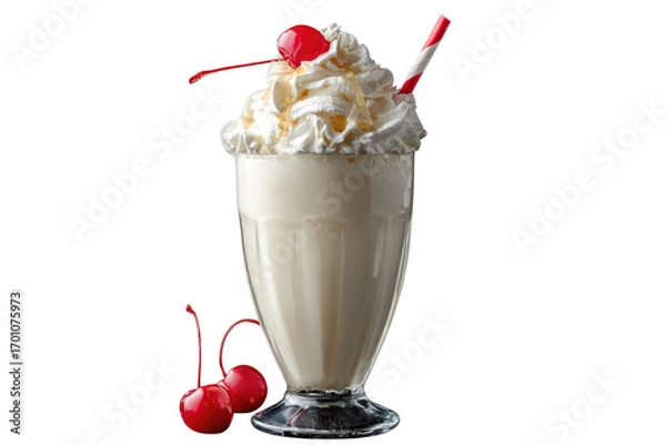 Fototapeta Creamy milkshake with whipped cream, cherries, and a red straw, isolated on transparent background. background removed