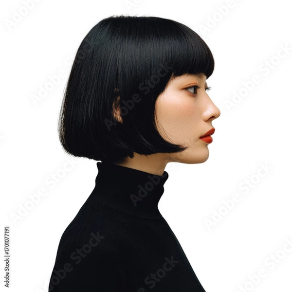 Fototapeta Profile view of a woman with a black bob haircut, wearing a black turtleneck, against a transparent background. background removed