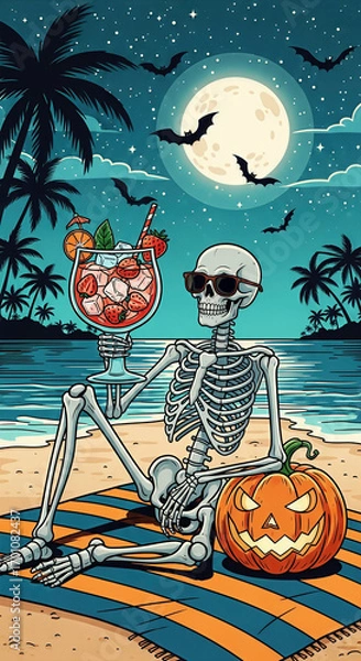 Fototapeta Skeleton relaxing on beach with pumpkin and cocktail under full moon. A whimsical illustration with vibrant colors and bold lines. Halloween getaway, spooky season, tropical vacation.