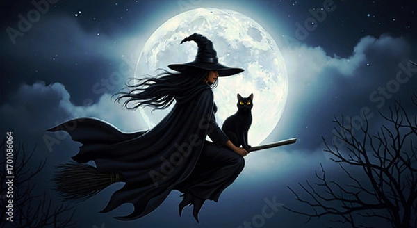 Fototapeta Witch flying on a broomstick with a black cat in the night sky with a full moon. Mysterious, fantastical, and enchanting scene. Halloween concept, spooky season, supernatural.