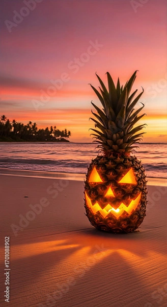 Fototapeta A carved pineapple sits on a beach with a sunset background. A festive close-up shot full of light and shadow. . Tropical Halloween, spooky season, creative holiday.