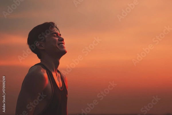 Fototapeta young man bursts into laughter during break between workouts moment of pure joy