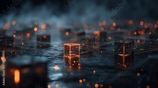 Fototapeta Interconnected Network: A Technological Landscape of Illuminated Cubes and Data Streams