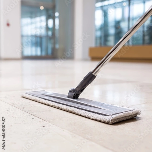 Fototapeta Close up of a modern flat mop with a microfiber pad cleaning a polished floor in a bright contemporary office building