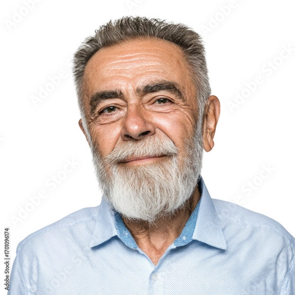 Fototapeta Portrait of a smiling senior man with gray hair and beard, isolated on a transparent background. background removed