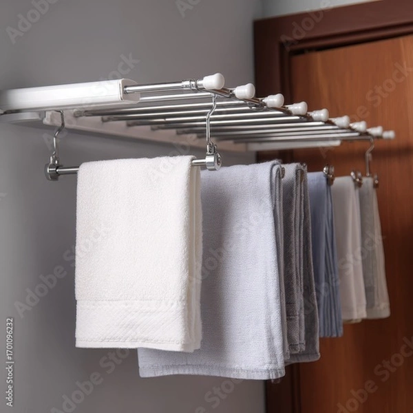 Obraz Modern chrome wall mounted drying rack holding multiple clean folded towels in a bathroom or laundry room