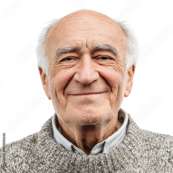 Fototapeta A portrait of a smiling elderly man with white hair and wrinkles, against a transparent background. background removed