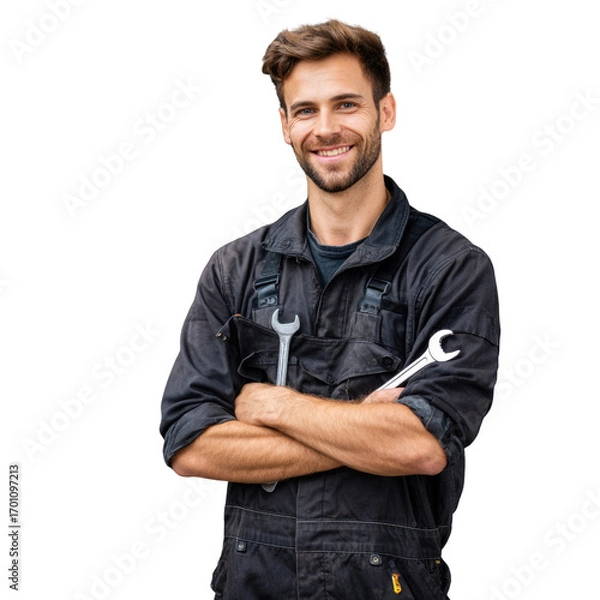 Fototapeta Smiling mechanic with crossed arms holding wrenches, isolated on transparent background. background removed