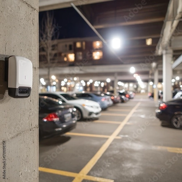 Fototapeta Modern parking garage interior with row of cars and security device mounted on concrete pillar