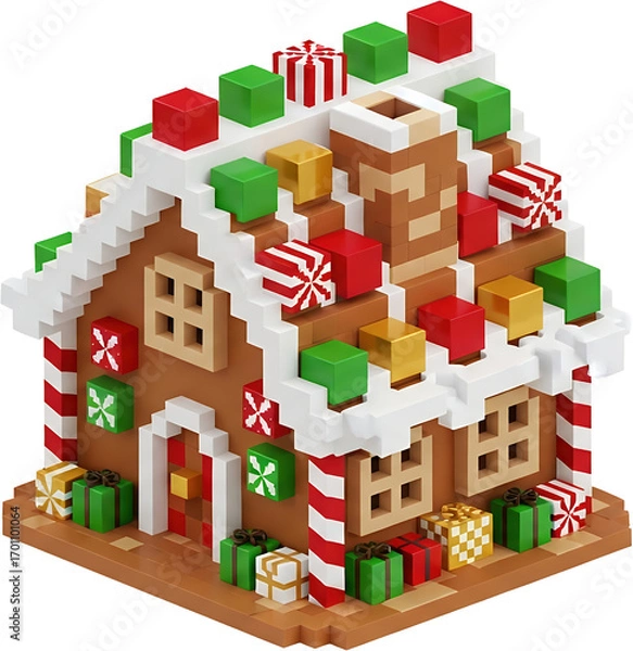Fototapeta Pixelated gingerbread house decorated with colorful candy gifts and festive accents isolate new year