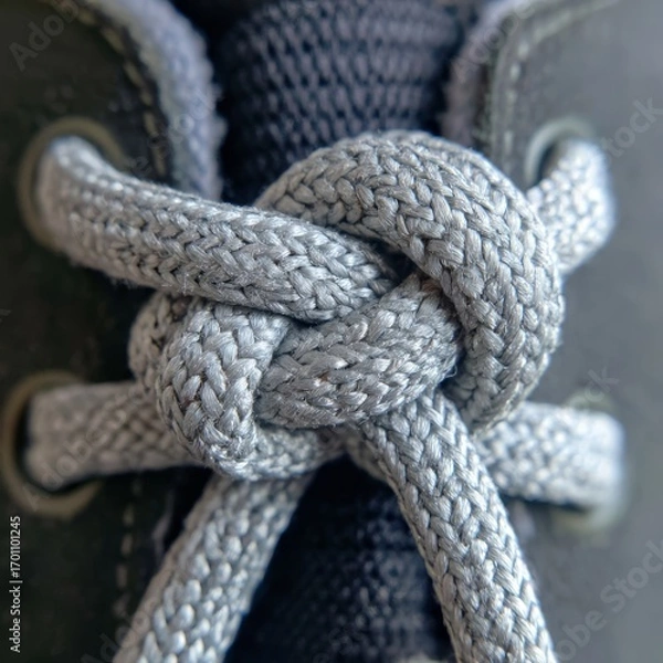 Obraz Close up of a sturdy grey shoelace tied in a secure knot on a dark shoe