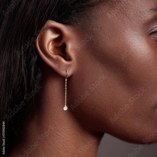 Fototapeta Close up profile of a black woman s ear adorned with a delicate gold chain earring with a single pearl drop