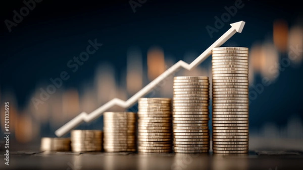 Fototapeta 上昇する矢印とコインの山が示す投資成長のコンセプト