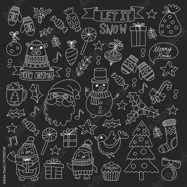 Fototapeta Christmas Xmas New year Christmas icons for backgrounds, decoration, patterns, cards, ornaments Doodle christmas tree with lights and balls New year celebration and party with bear and Santa Claus