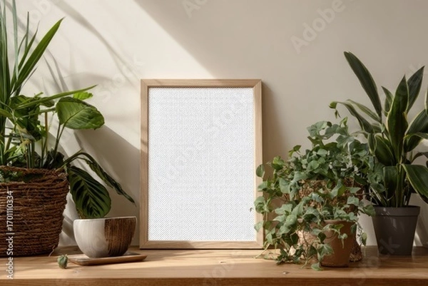 Fototapeta Blank framed art on a wooden shelf surrounded by plants. Sunlight streams in