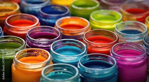 Fototapeta Colorful paint jars in various shades.  Close-up view of numerous small, round, glass jars filled with vibrant hues of acrylic paint.  A tightly packed array of colors